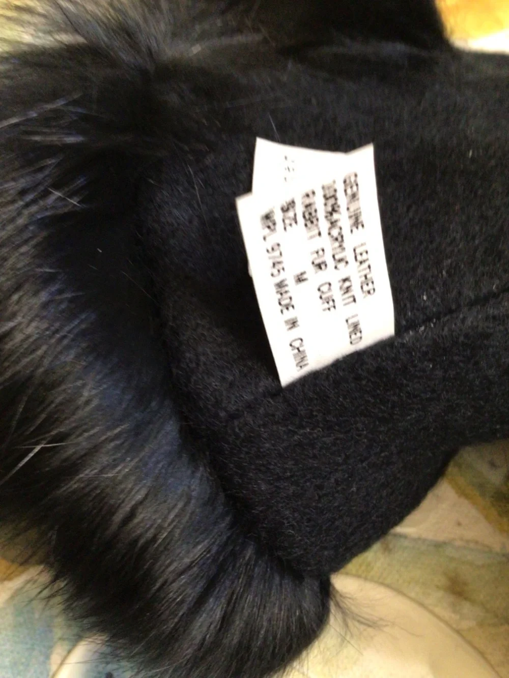 Genuine Suede Leather Black Women’s Gloves with Rabbit Fur Cuffs Size M